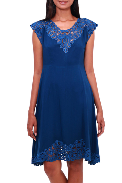 Rayon dress, 'Azure Kirana' - Embroidered Rayon Fit & Flare Dress in Azure from Bali