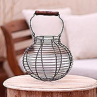 Aluminum decorative basket, 'Round Cage' - Handmade Round Aluminum Decorative Basket with Wood Handle
