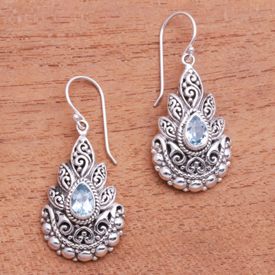 Blue topaz dangle earrings, 'Fiery Spirit' - Fiery Blue Topaz Dangle Earrings from Bali