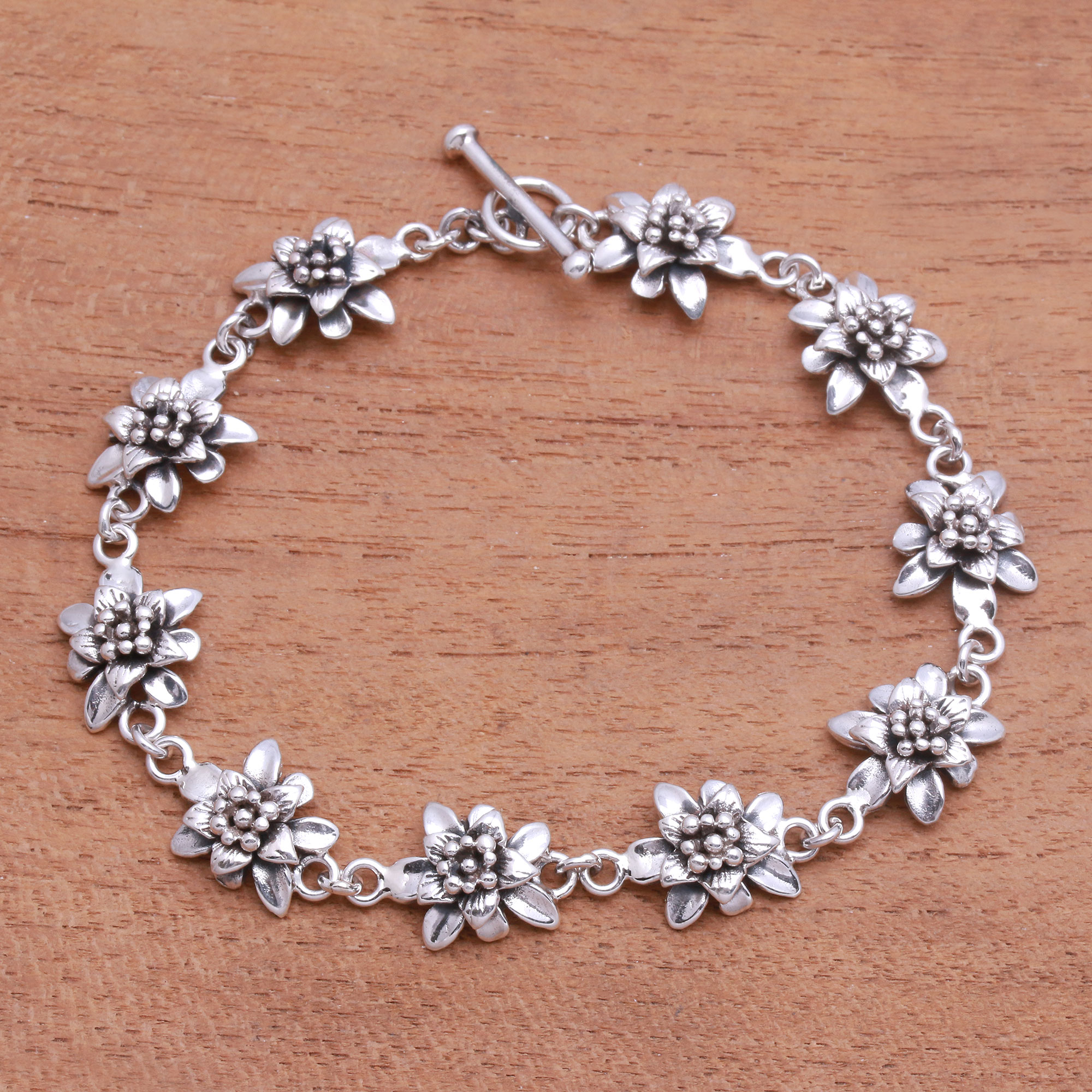 Lotus Flower Sterling Silver Link Bracelet from Bali - Lotus Constellation | NOVICA
