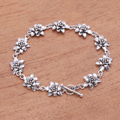 Sterling silver link bracelet, 'Lotus Constellation' - Lotus Flower Sterling Silver Link Bracelet from Bali