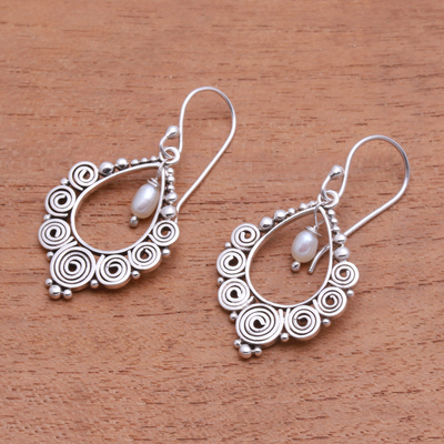 Cultured pearl dangle earrings, 'Spiral Vision' - Spiral Pattern Cultured Pearl Dangle Earrings from Bali