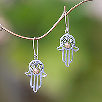 Gold accented sterling silver dangle earrings, 'Hamsa Gleam'