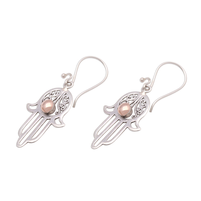 Gold accented sterling silver dangle earrings, 'Hamsa Gleam' - Gold Accented Sterling Silver Hamsa Dangle Earrings