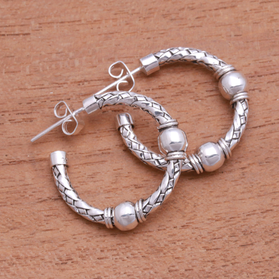 Sterling silver half-hoop earrings, 'Balinese Bond' - Weave Pattern Sterling Silver Half-Hoop Earrings from Bali