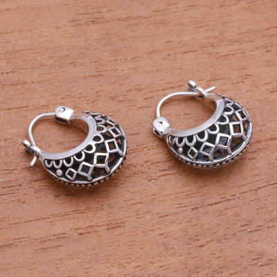 Sterling silver hoop earrings, 'Curved Elegance' - Openwork Sterling Silver Hoop Earrings from Bali