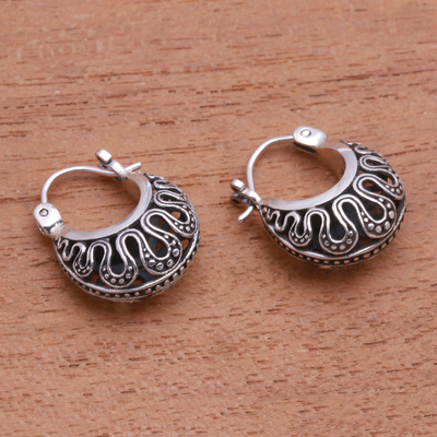 Pendientes aro plata de ley - Pendientes de aro de plata esterlina con patrón ondulado de Bali