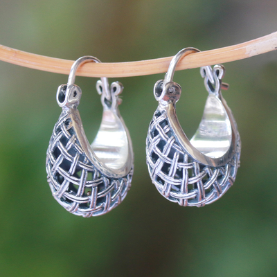 Sterling silver hoop earrings, 'Hanging Baskets' - Basket Pattern Sterling Silver Hoop Earrings from Bali