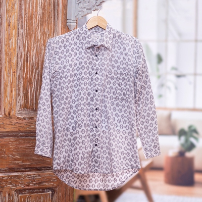 Men's cotton shirt, 'Bali Monochrome' - Stone and Eggshell Men's Cotton Shirt from Bali