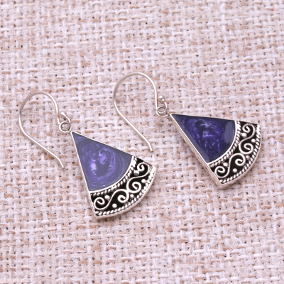 Sterling silver dangle earrings, 'Mystical Triangles' - Sterling Silver and Purple Resin Dangle Earrings from Bali
