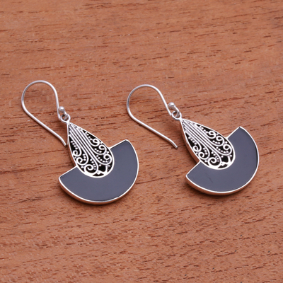 Sterling silver dangle earrings, 'Nighttime Boats' - Curved Sterling Silver and Resin Dangle Earrings from Bali