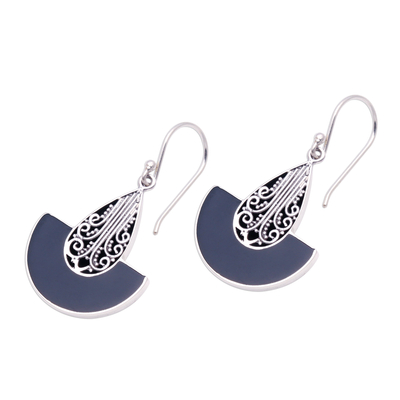 Sterling silver and resin dangle earrings, 'Nighttime Boats' - Curved Sterling Silver and Resin Dangle Earrings from Bali