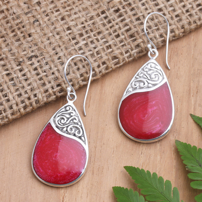 Sterling silver dangle earrings, 'Bali Pear' - Red Teardrop Sterling Silver and Resin Dangle Earrings