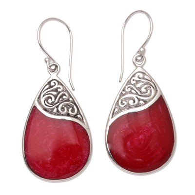 Sterling silver dangle earrings, 'Bali Pear' - Red Teardrop Sterling Silver and Resin Dangle Earrings