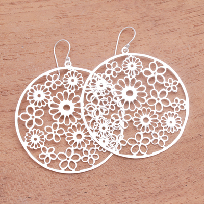 Sterling silver dangle earrings, 'Circular Bouquets' - Circular Floral Sterling Silver Dangle Earrings from Bali