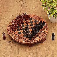 Wood travel chess set, 'Travel Tactics' - Circular Wood Travel Chess Set Crafted in Bali