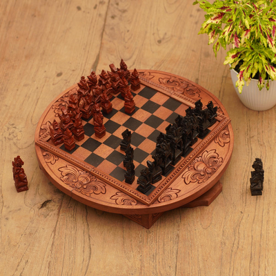 Juego de ajedrez de viaje de madera - Juego de ajedrez de viaje de madera circular hecho a mano en Bali
