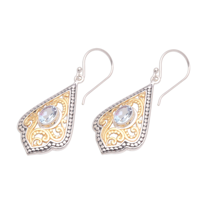Gold accented blue topaz dangle earrings, 'Glamorous Kites' - Swirl Pattern Gold Accented Blue Topaz Dangle Earrings
