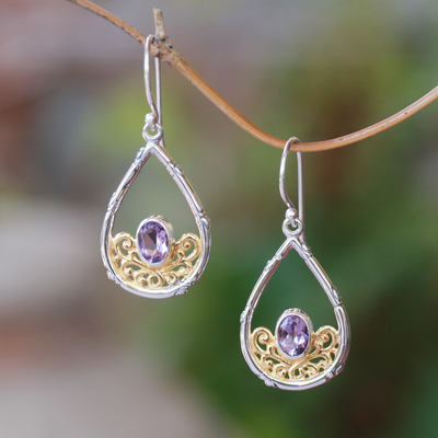 Gold accented amethyst dangle earrings, 'Beautiful Cradle' - Gold Accented Amethyst Dangle Earrings from Bali