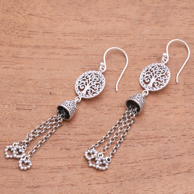 Sterling silver waterfall earrings, 'Tree Bells' - Tree-Themed Sterling Silver Waterfall Earrings from Bali