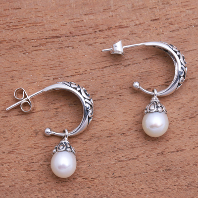 Cultured pearl dangle earrings, 'Dew of Life' - Cultured Pearl Half-Hoop-Style Dangle Earrings from Bali