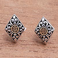 Gold accented sterling silver button earrings, 'Kite Bouquet' - Kite-Shaped Gold Accented Sterling Silver Button Earrings