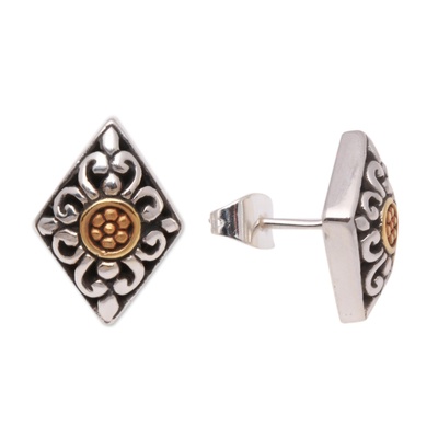Gold accented sterling silver stud earrings, 'Kite Bouquet' - Kite-Shaped Gold Accented Sterling Silver Stud Earrings