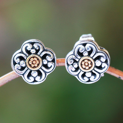 Gold accented sterling silver stud earrings, 'Curling Flower' - Floral 18k Gold Plated Sterling Silver Stud Earrings