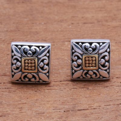 Gold accented sterling silver stud earrings, 'Window Glam' - Square Gold Accented Sterling Silver Stud Earrings from Bali