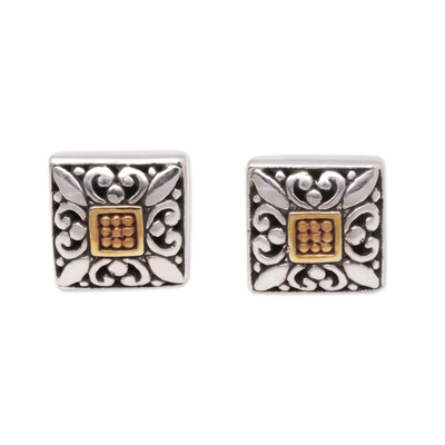 Aretes de plata esterlina con detalles dorados - Aretes cuadrados de plata esterlina con detalles dorados de Bali
