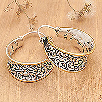 Gold Accented Sterling Silver Hoop Earrings from Bali,'Between Sunlight'