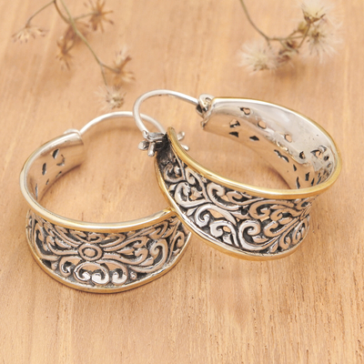 Gold accented sterling silver hoop earrings, 'Between Sunlight' - Gold Accented Sterling Silver Hoop Earrings from Bali