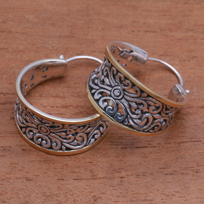 Gold accented sterling silver hoop earrings, 'Between Sunlight' - Gold Accented Sterling Silver Hoop Earrings from Bali