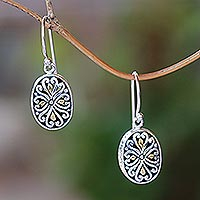Gold accented sterling silver dangle earrings, 'Charming Vines' - Oval Gold Accented Sterling Silver Dangle Earrings from Bali