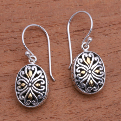 Gold-accented sterling silver dangle earrings, 'Charming Vines' - Oval Gold-Accented Sterling Silver Dangle Earrings from Bali