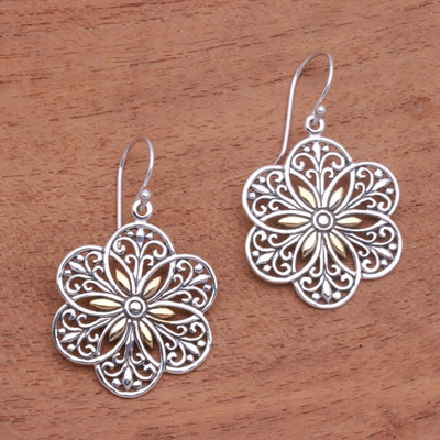 Gold accented sterling silver dangle earrings, Six Petals