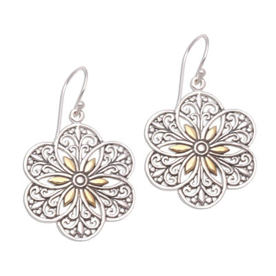 Gold accented sterling silver dangle earrings, 'Six Petals' - Loop Pattern Gold Accented Sterling Silver Dangle Earrings