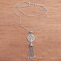 Sterling silver pendant necklace, 'Tree Bell' - Tree-Themed Sterling Silver Pendant Necklace from Bali