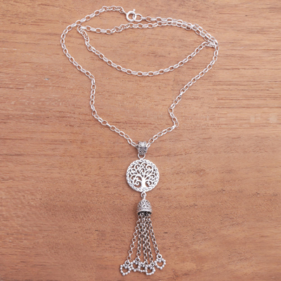 Sterling silver pendant necklace, 'Tree Bell' - Tree-Themed Sterling Silver Pendant Necklace from Bali