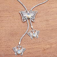 Gold accent blue topaz lariat necklace, 'Butterfly Trio' - Gold Accented Blue Topaz Butterfly Lariat Necklace