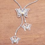 Gold accent blue topaz lariat necklace, 'Butterfly Trio' - Gold Accented Blue Topaz Butterfly Lariat Necklace