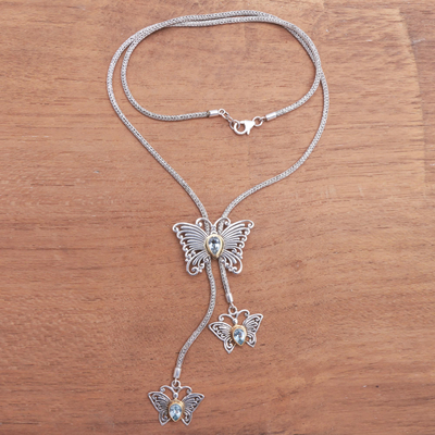 Gold accent blue topaz pendant necklace, 'Butterfly Trio' - Gold Accented Blue Topaz Butterfly Pendant Necklace