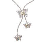 Gold accent blue topaz lariat necklace, 'Butterfly Trio' - Gold Accented Blue Topaz Butterfly Lariat Necklace