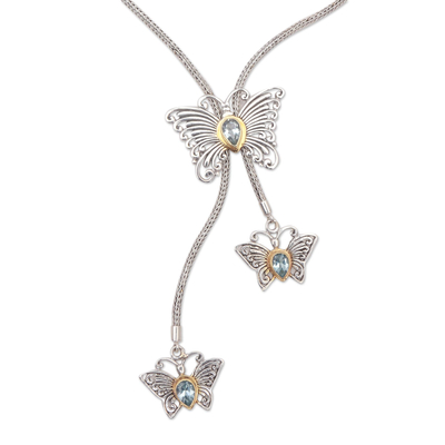 Gold accent blue topaz pendant necklace, 'Butterfly Trio' - Gold Accented Blue Topaz Butterfly Pendant Necklace