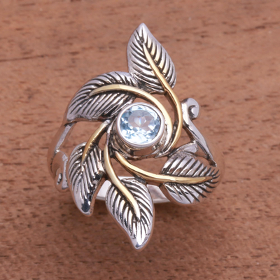Gold-accented blue topaz cocktail ring, Wreathed in Leaves