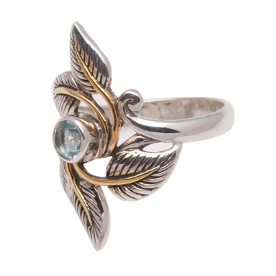Gold-accented blue topaz cocktail ring, 'Wreathed in Leaves' - Leafy Gold-Accented Blue Topaz Cocktail Ring from Bali