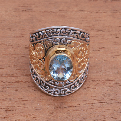 Gold accented blue topaz single-stone ring, 'Powerful Gemstone' - 4.5-Carat Gold Accented Blue Topaz Single-Stone Ring