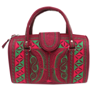Cotton handbag, 'Langit Aceh' - Kelly Green and Rose Embroidered Cotton Handbag from Bali