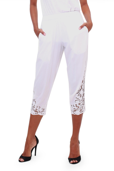 Rayon pants, 'White Padma Flower' - Floral Embroidered Rayon Pants in White from Bali