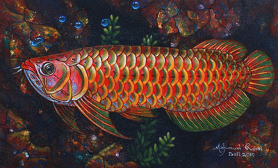 'Rainbow Arowana' - Signiertes Gemälde eines Regenbogen-Arowana-Fisches aus Bali